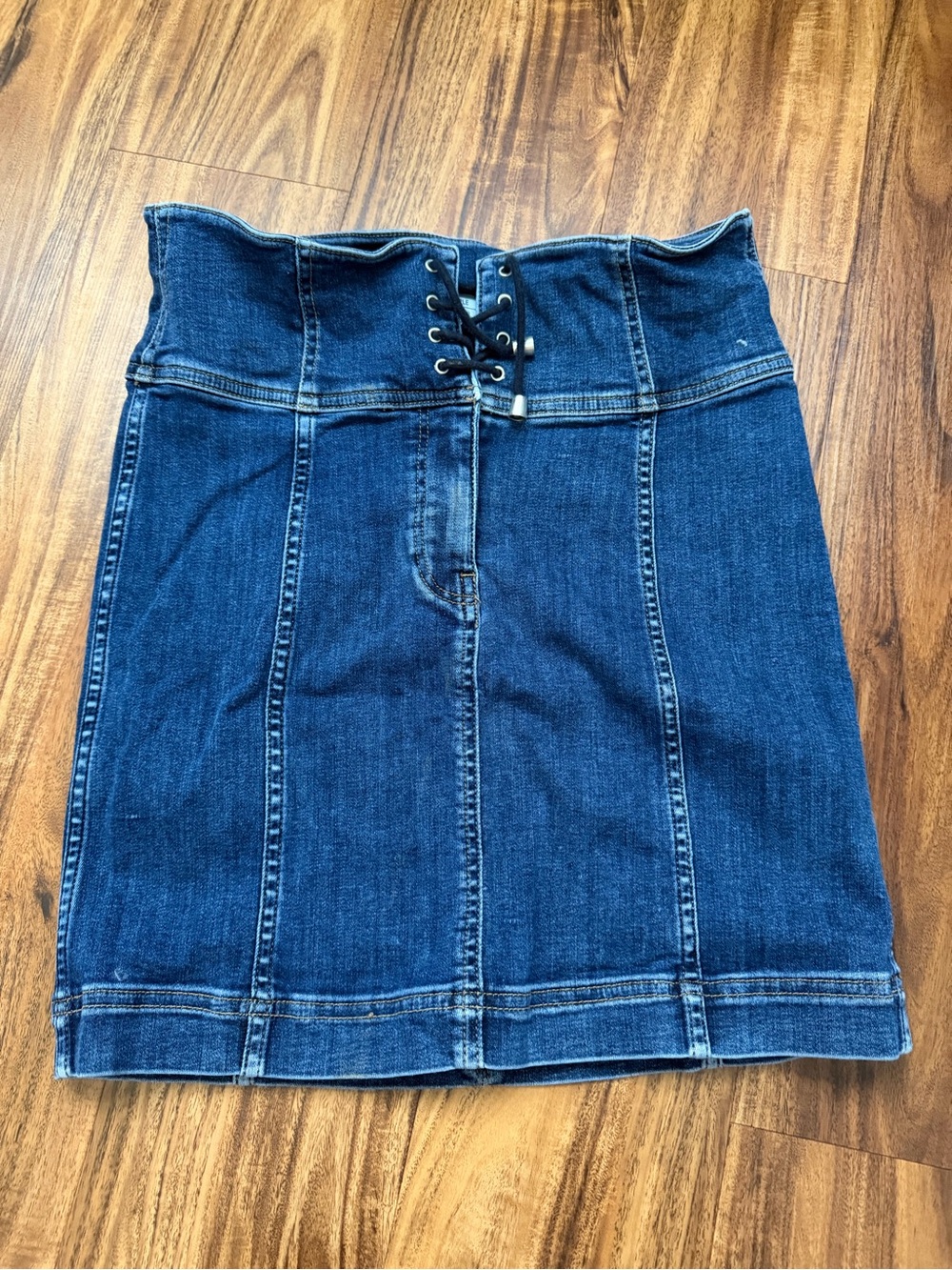 Free People Dark Blue Denim Lace-Up Pencil Skirt
